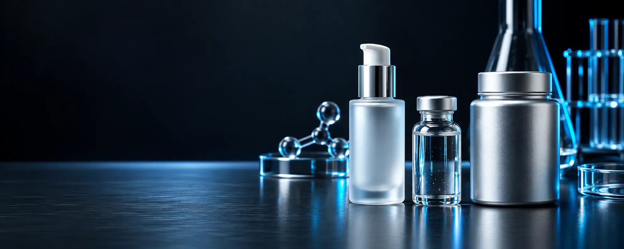 Premium clinical product packaging in a dark research laboratory